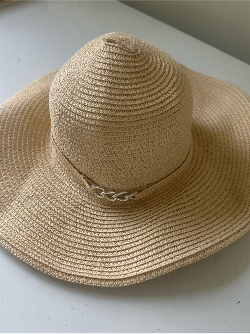 Magid Beige Straw Wide-Brim Sun Hat with Chain Accent